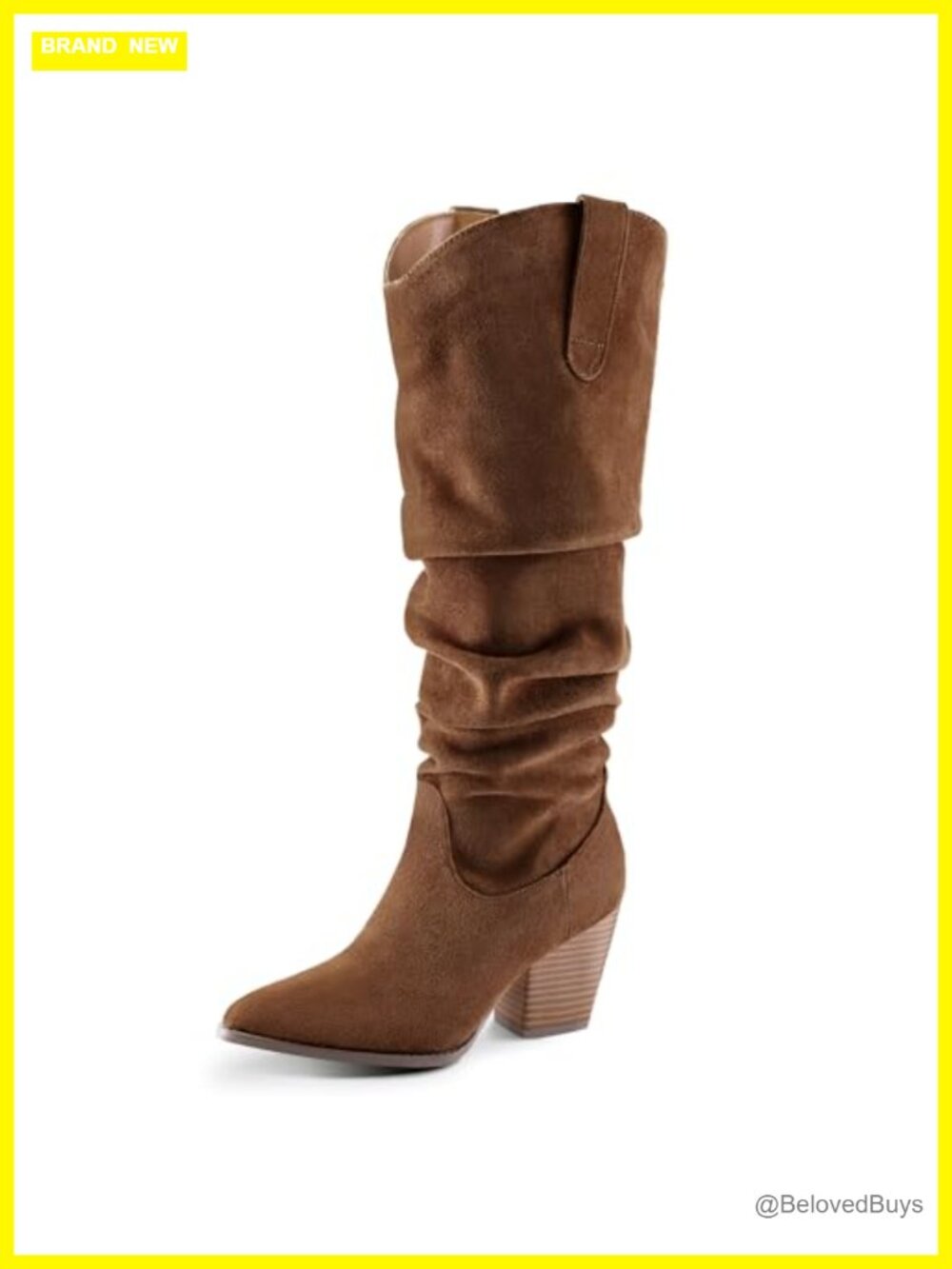 Knee High Slouchy Pointed Toe Faux Suede Western Boots Block Heel